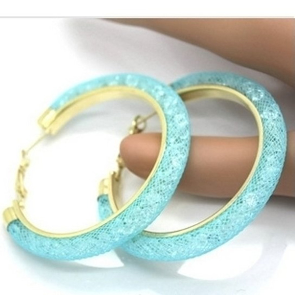 18k Swarovski Aqua Hoop Earrings - Picture 1 of 1